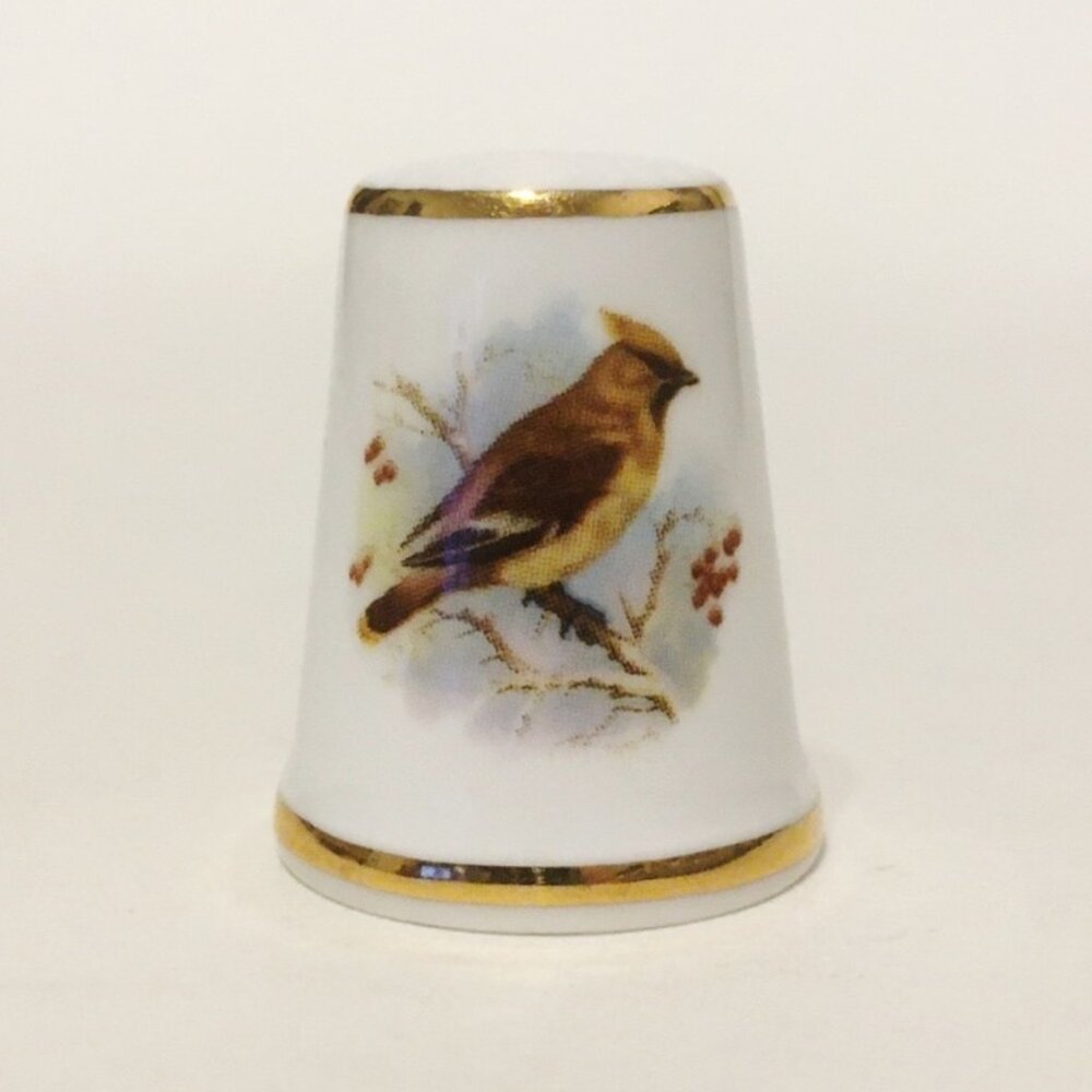 Marlborough Thimble Vintage Bird Porcelain England Brown Yellow Gold Trim